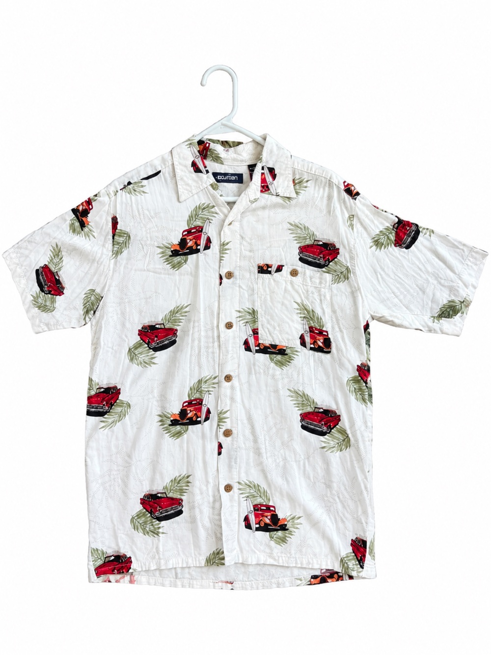 Puritan White Short-Sleeve Button-Up Shirt with Red Car Print